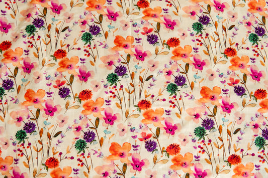 Watercolour Flowers Linen Viscose - Cream, multiple lengths