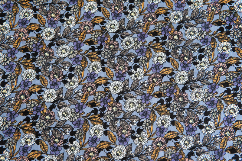 Scattered Floral Viscose Cotton Lawn - Blue, multiple lengths