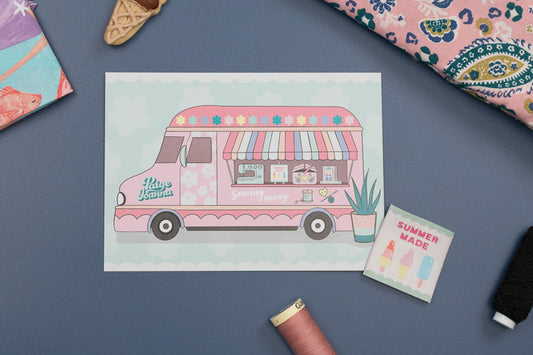 Paige Joanna "Sewing Vacay" postcard and label